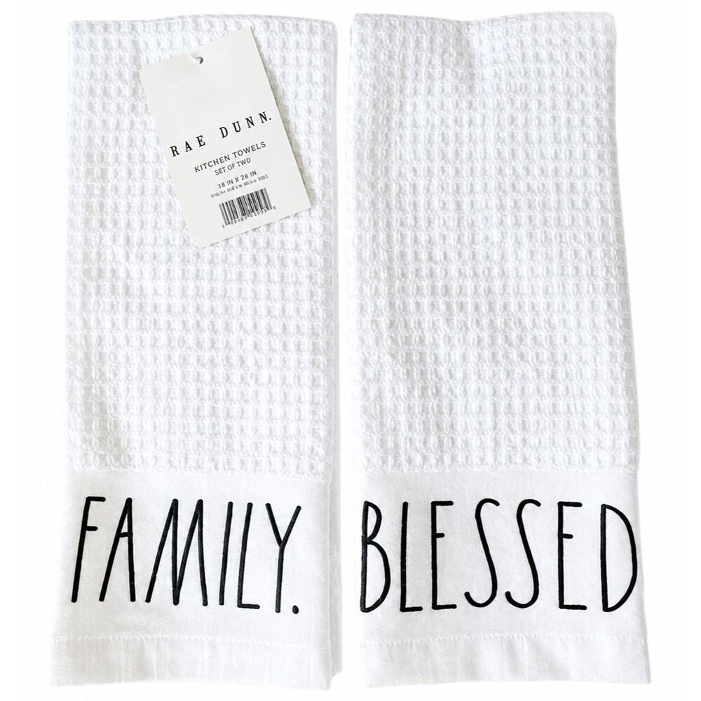 Rae Dunn Kitchen Dish Towels Set of 2 Embroidered Blessed Family White Woven